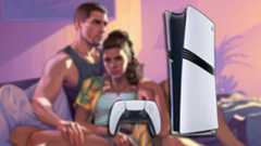 A Ps5 Pro and DualSense controller against a blurred background showing GTA 6 characters lounging on the sofa