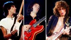 LEFT: Jeff Beck performs with a Fender Stratocaster circa 1975. CENTER: Guitarist Ritchie Blackmore of rock band Deep Purple performs with a red Gibson ES-335, 1969. RIGHT: Jimmy Page- performs in California in 1977