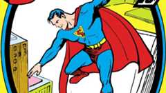 Superman soaring over Metropolis on the cover of 1939's Superman #1