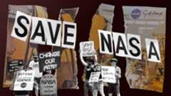 SAVE NASA hangs in front of a torn up photo as black and white protesters hold signs in the bottom foreground.