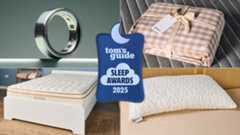 The composite image shows from L-R the Oura Ring 4, Quince gingham bed sheets, Coop Adjustable pillow and the Saatva Classic mattress. In the center of the image is a blue pillow-shaped badge with the text &quot;Tom&#039;s Guide Sleep Awards 2025&quot;