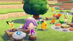 a ditto human sitting on some logs with pikachu and pichu