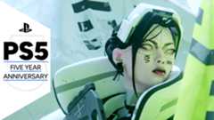 Key art for Marathon showing a colorful cybernetic character with a gun taking cover, with a GamesRadar+ frame that reads &#039;PS5: Five Year Anniversary&#039;