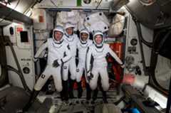 Crew-3 astronauts Matthias Maurer, Tom Marshburn, Raja Chari and Kayla Barron are seen in their SpaceX suits before leaving the International Space Station.