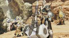 A hunter poses with a large hammer as their palico cheers nearby in Monster Hunter Wilds.