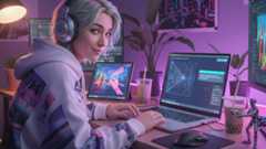 A young woman, likely Gen Z, with light blue hair and headphones, sitting at a desk in a room with purple ambient lighting. She&#039;s wearing a white hoodie with colourful abstract designs. She&#039;s looking back over her shoulder at the viewer with a slight smile.