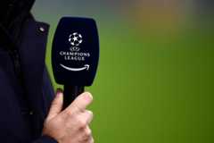 A microphone bearing the logo of UEFA Champions League and the logo of Amazon is seen at the end of the UEFA Champions League round of sixteen first leg football match between FC Internazionale and Liverpool FC. Liverpool FC won 2-0 over FC Internazionale.