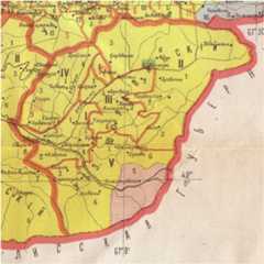 This section of a map of the region’s ethnic composition (1886) uses the colour green for the Jewish population, which is concentrated in Sachkhere.