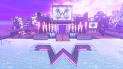 A wintry realm with a big W in the snow below a big screen displaying Weezer.