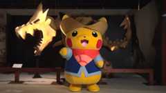 Excavator Pikachu costume in front of a skeleton at the Pokémon Fossil Museum