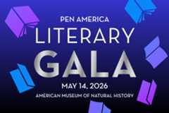 Graphic with PEN America Literary Gala, May 14, 2026, American Museum of Natural History in bold letters on a blue background, surrounded by geometric book icons.