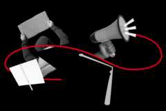 Black and white collage of a person holding a laptop, a hand holding a megaphone, a graduation cap with a tassel, an open book, and a red curved line connecting the elements on a white background.