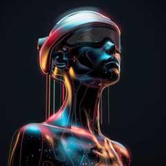 A futuristic model of an avatar with a virtual reality headset on