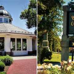 split image. on left is a circular building, on right is a sign for the historic congress park museum