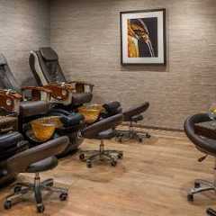 salon seating with person, and products