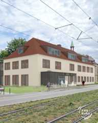 Dieser Alternativtext wurde KI-generiert: Ein Gebäude mit einem roten Dach und hellen Wänden steht neben einer Straßenbahnstrecke. Mehrere Personen sind vor dem Gebäude zu sehen.