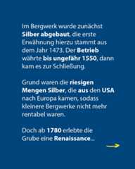 Dieser Alternativtext wurde KI-generiert: Ein dunkler Hintergrund mit hellem Text. Der Text beschreibt die Geschichte des Silberabbaus und seiner Rentabilität, beginnend im Jahr 1473.