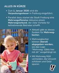 Dieser Alternativtext wurde KI-generiert: Ein farbiges Bild zeigt Textinformationen zu einem Verpackungssteuer- und Mehrwegsystem in Freiburg. Im Vordergrund sitzt eine Person mit einem Mehrwegbecher.