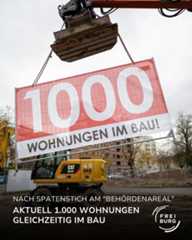 Dieser Alternativtext wurde KI-generiert: Ein Bagger trägt eine große Schaufel vor einer roten Bannerwand mit der Aufschrift „1000 Wohnungen im Bau!“. Im Hintergrund ist eine Baustelle und Gebäude zu sehen.