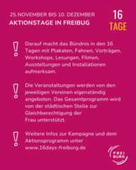 Dieser Alternativtext wurde KI-generiert: Ein farbenfrohes Plakat kündigt eine Aktionsphase vom 25. November bis 10. Dezember an. Es enthält Textinformationen zu Veranstaltungen, Workshops und weiteren Aktionen.