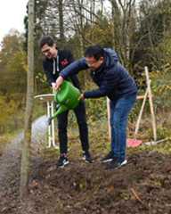 Dieser Alternativtext wurde KI-generiert: Zwei Personen gießen gemeinsam eine Pflanze mit einer Gießkanne im Freien. Im Hintergrund sind weitere Pflanzen und Gartenwerkzeug zu sehen.