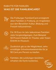 Dieser Alternativtext wurde KI-generiert: Grafik mit Textinformationen über Familienrabatte und eine Familienkarte. Angebote aus den Bereichen Kultur, Bildung und Freizeit werden genannt.