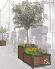 Dieser Alternativtext wurde KI-generiert: Schwarz-Weiß-Foto einer Straßenszene mit einer großen Baumkrone. Im Vordergrund befinden sich bepflanzte Holzbehälter.