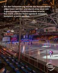 Dieser Alternativtext wurde KI-generiert: Eine Aufnahme aus einer großen Halle mit einer Eisfläche, auf der sich Personen auf Schlittschuhen befinden. Im Hintergrund sind Sitzreihen und Werbebanner zu sehen.