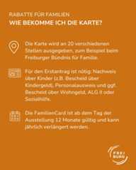 Dieser Alternativtext wurde KI-generiert: Informationsgrafik mit Text zu einer Familienkarte und deren Beantragung. Die Grafik enthält Punkte zu Bezugsquellen, benötigten Nachweisen und Gültigkeitsdauer.