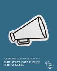 Dieser Alternativtext wurde KI-generiert: Einfarbiges Bild mit einer stilisierten Megafon-Illustration. Darunter befindet sich Text, der eine Botschaft zur Beteiligung und Meinungsäußerung vermittelt.