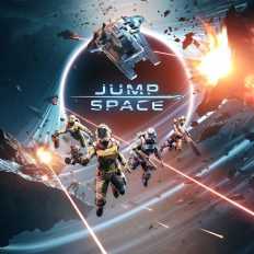 Jump Space title with astronauts and spaceships in a cosmic battle scene.