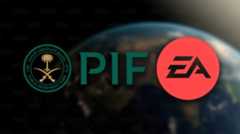 Logos of the Public Investment Fund and EA on a blurred earth background.