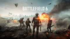Battlefield 6 text with soldiers overlooking a burning city, jets and helicopters overhead.