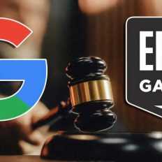 Google and Epic Games logos with a judge's gavel in the background.