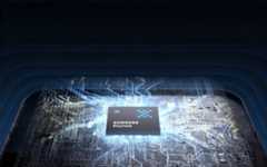 A Samsung Exynos chip is centered on a glowing circuit board, surrounded by stylized electronic pathways.