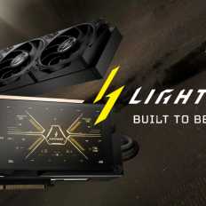 A graphics card with 'LIGHTNING' branding and a cooling system, accompanied by the text 'BUILT TO BE PERFECT'.