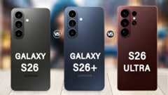 Samsung Galaxy S26, Galaxy S26+, and S26 Ultra smartphones are shown side by side with 'VS' symbols between them.