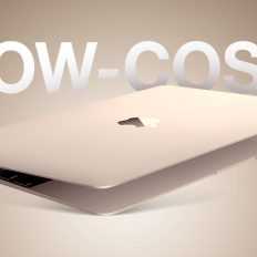 A closed Apple MacBook is displayed prominently with the text 'LOW-COST' in the background.