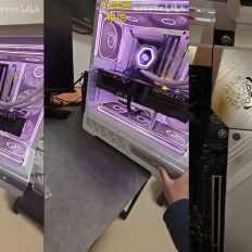 A custom PC case with purple LED lighting and a visible NVIDIA GeForce RTX graphics card, alongside a close-up of a