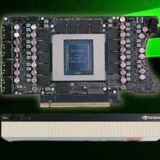 A close-up view of the NVIDIA Blackwell GPU, showcasing the circuit board and NVIDIA logo on a green background.