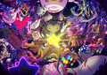 The "Bad Boss Brothers" Celebration Picture from Kirby Star Allies, featuring every final boss surrounding Planet Popstar