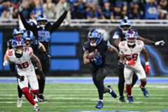 Detroit Lions star RB Jahmyr Gibbs runs for a go-ahead TD in OT vs the New York Giants. Photo Credit: Lon Horwedel-Imagn Images