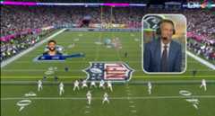 NBC color commentator Cris Collinsworth was left speechless by a Drake Maye interception in Super Bowl LX. Credit: NBC