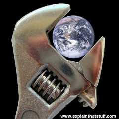 Geoengineering conceptual illustration: Earth inside a spanner.