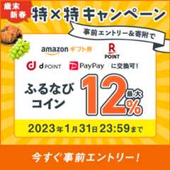 最大12%分！付与上限なし！　歳末・新春 特×特キャンペーン　事前エントリー＆寄附でふるなびコインがもらえる！