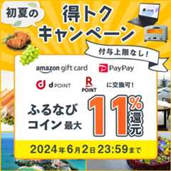 最大11%分還元！付与上限なし！2024初夏のふるなび得トクキャンペーン　事前エントリー＆寄附でふるなびコインがもらえる！ 今すぐ事前エントリー！ 2024年6月2日23:59まで