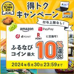 最大10%分還元！付与上限なし！サイト開設10周年記念第1弾！ふるなび得トクキャンペーン　事前エントリー＆寄附でふるなびコインがもらえる！ 今すぐ事前エントリー！ 2024年6月30日23:59まで