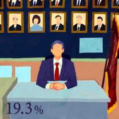 男性校長先生が座っている背景に、歴代の校長の写真がズラッと並んでいる。その中のひとりだけが女性で、残りはすべて男性