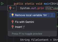 Code transformation option to fix with Gemini in the IDE.