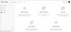 The landing page in the Apigee    hybrid UI, which consists of left-hand navigation and large images that are links.